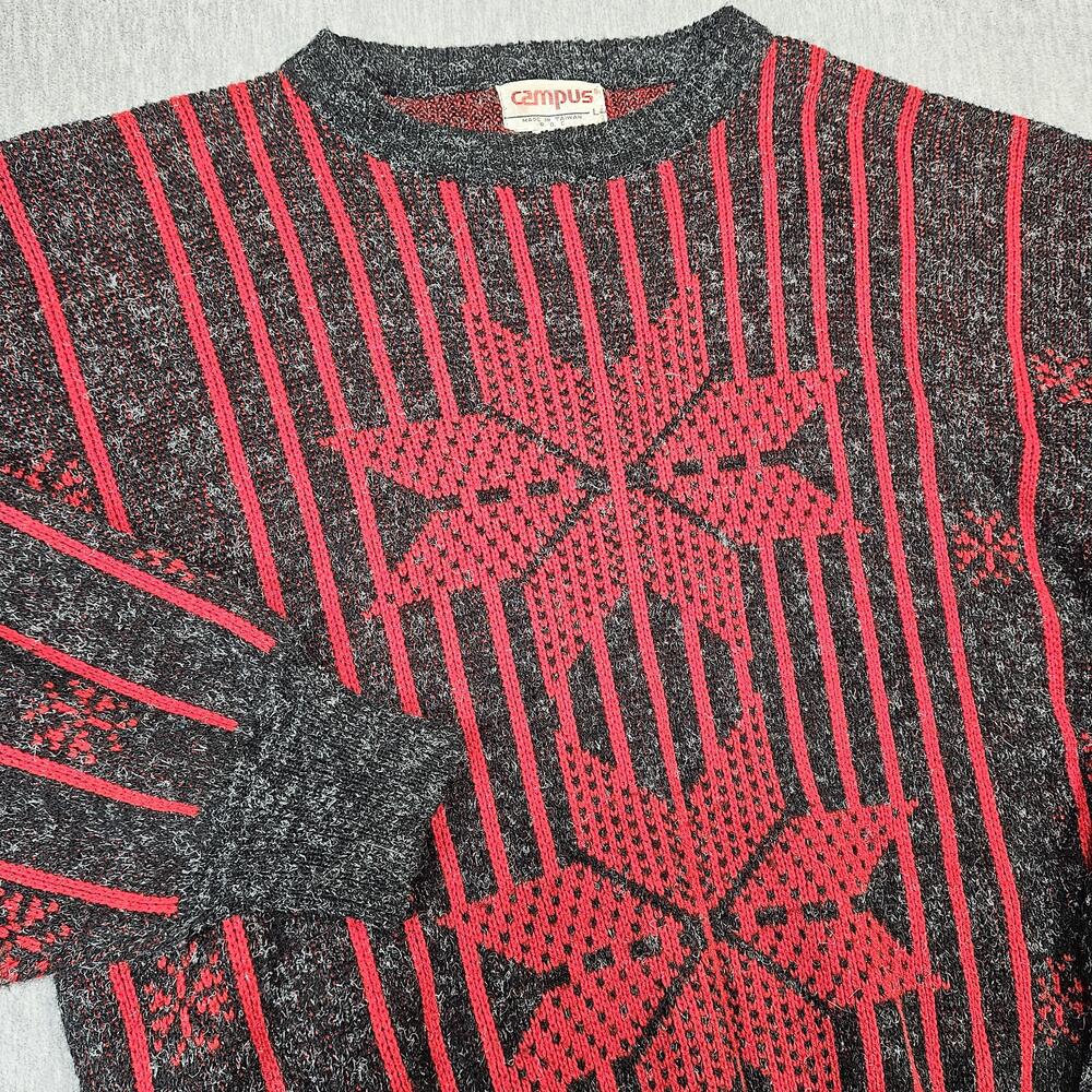 Vintage Campus Sweater Womens L Black Red Snowflake Nordic Dolman Batwing
